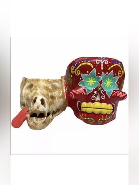 Vintage Signed L Bacerra Talavera Double Planter Day Of The Dead Skull Alebrije
